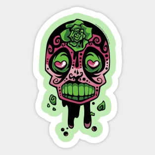 Pink and Green Ink-Rose Skull Sticker